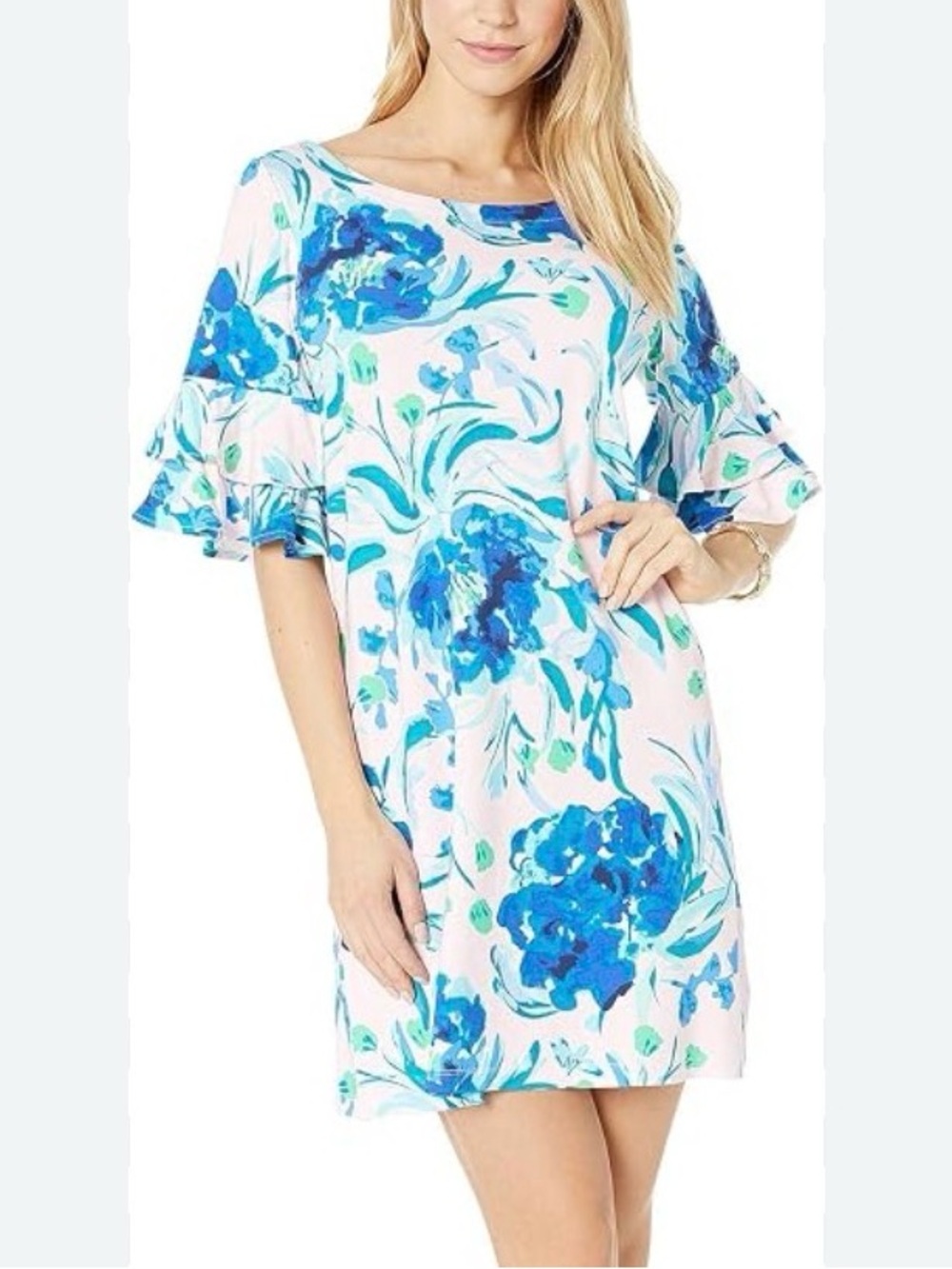 Lilly Pulitzer Blue Floral Ruffle-Sleeve Mini Dress Size Large